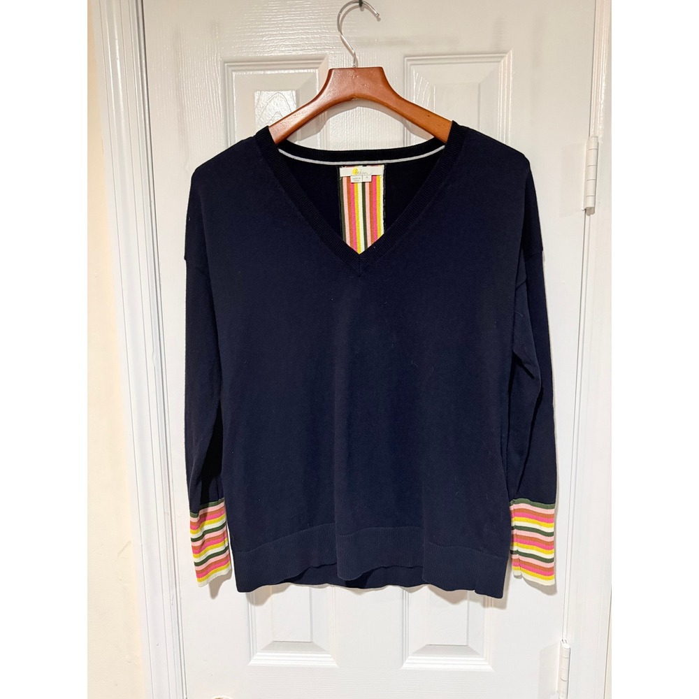 Boden Medium Navy Cotton Wool Blend V Neck Sweater Multicolor Stripe Cuffs